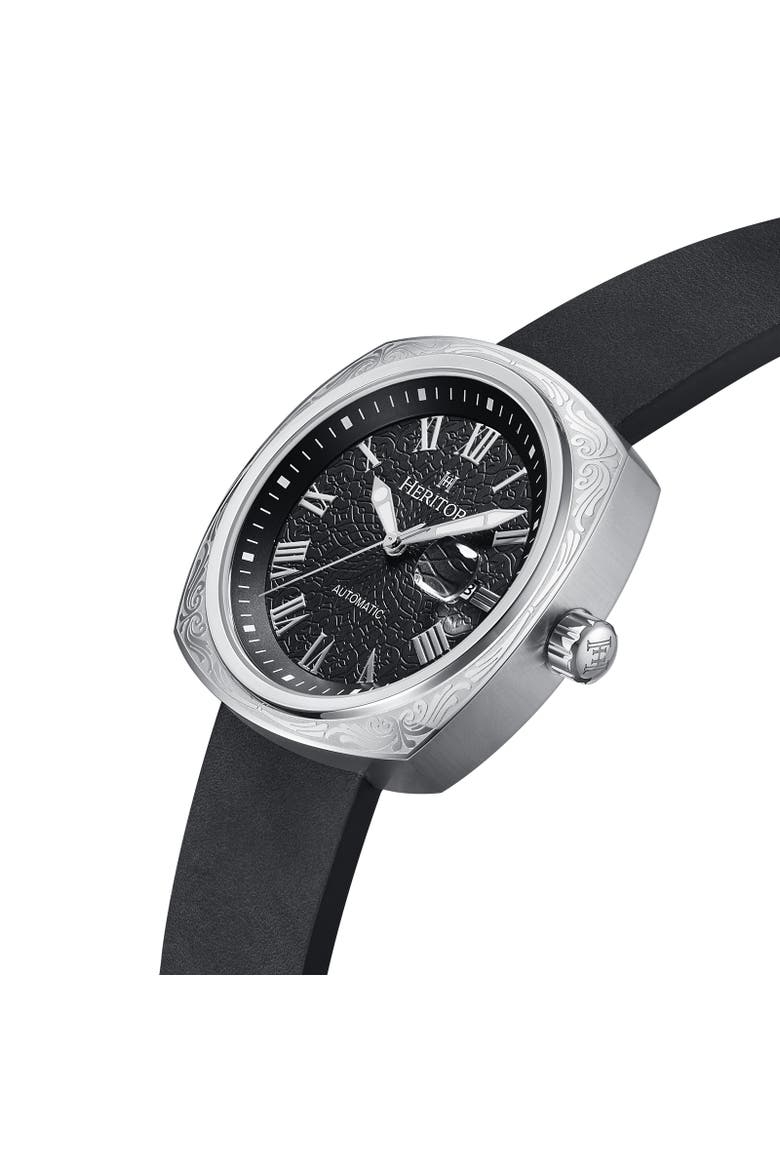 Davenport Engraved-Case Leather-Band Watch w/ Date, Alternate, color, Silver/Black
