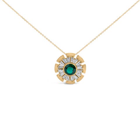 14K Yellow Gold Plated .925 Sterling Silver Lab Grown Emerald and Baguette Diamond Medallion Pendant Necklace