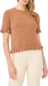 CeCe Ruffle Trim Short Sleeve Sweater