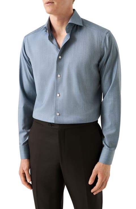 Slim Fit Blue Mélange Wool Dress Shirt