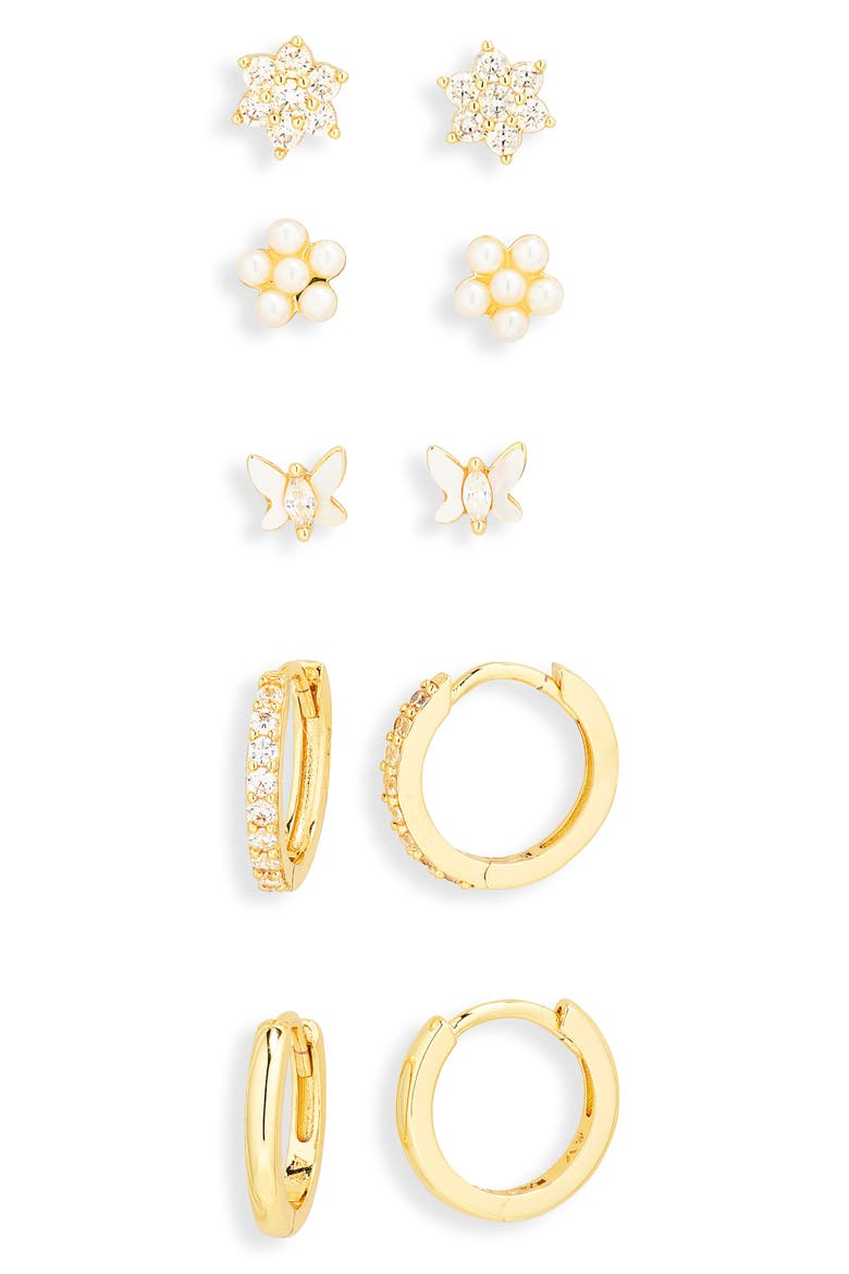 Pearl Flower Stud & Hoop Earrings Set, Alternate, color, GOLD