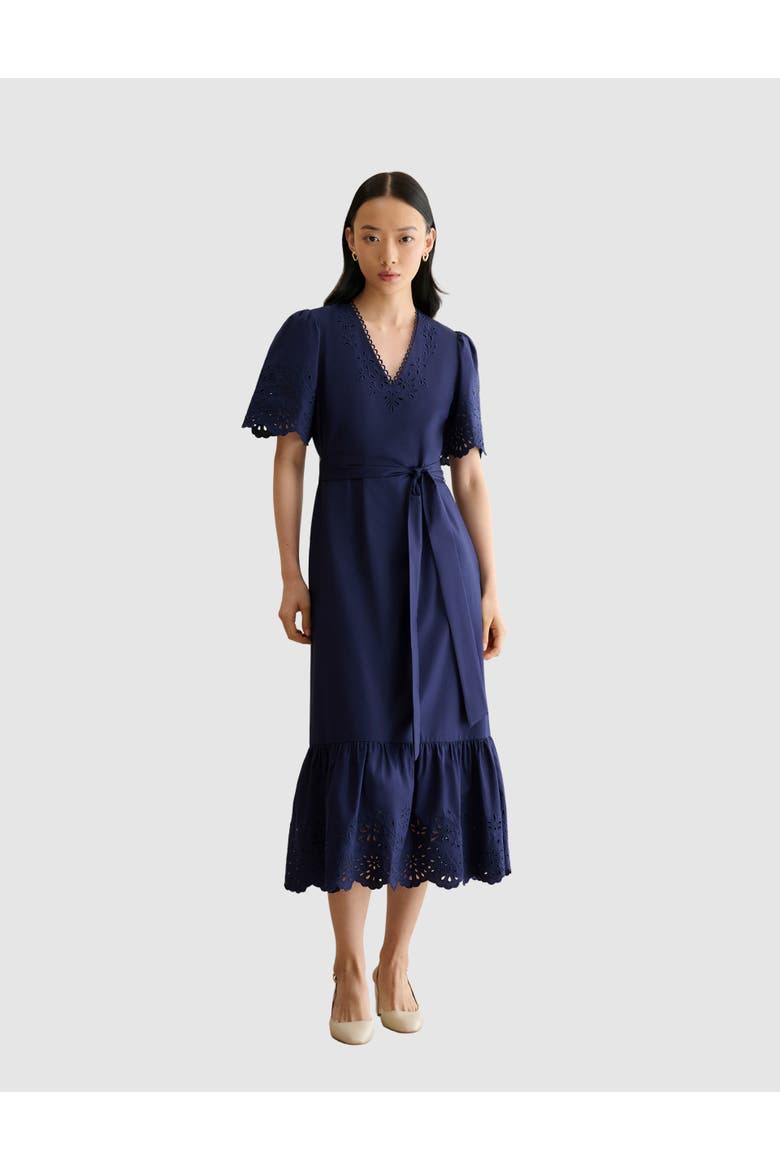 Meghan Broderie Cutwork Midi Dress, Main, color, Truenavy