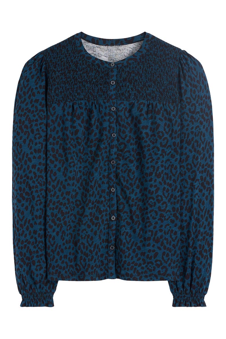 Elsa Animal Spot Smocked Yoke Jersey Button-Up Shirt, Alternate, color, MIDNIGHT OCEAN BRUSHED ANIMAL