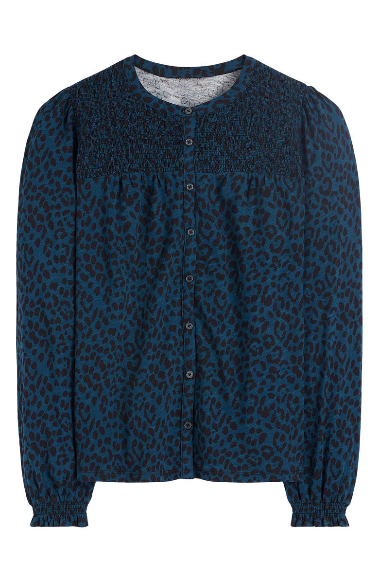 Boden Elsa Animal Spot Smocked Yoke Jersey Button-Up Shirt, Alternate, color, Midnight Ocean Brushed Animal