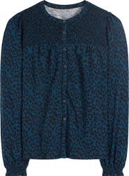 Boden Elsa Animal Spot Smocked Yoke Jersey Button-Up Shirt