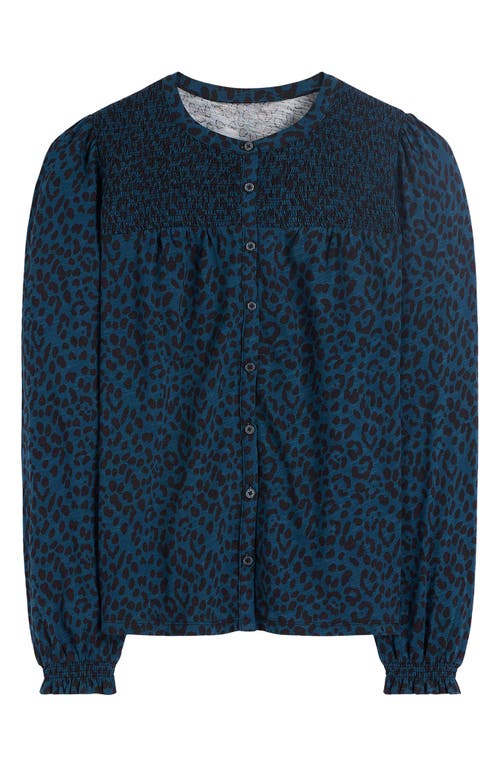 Boden Elsa Animal Spot Smocked Yoke Jersey Button-up Shirt In Blue
