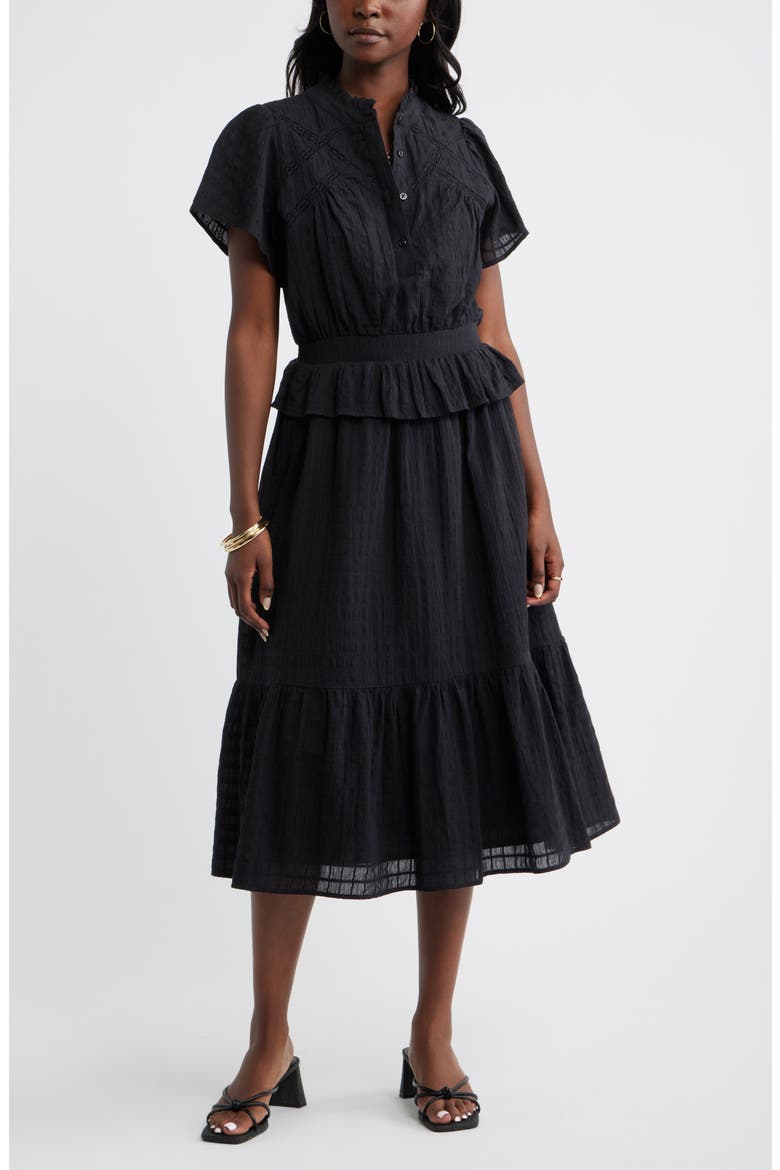 Lace Trim Peplum Midi Dress, Main, color, BLACK