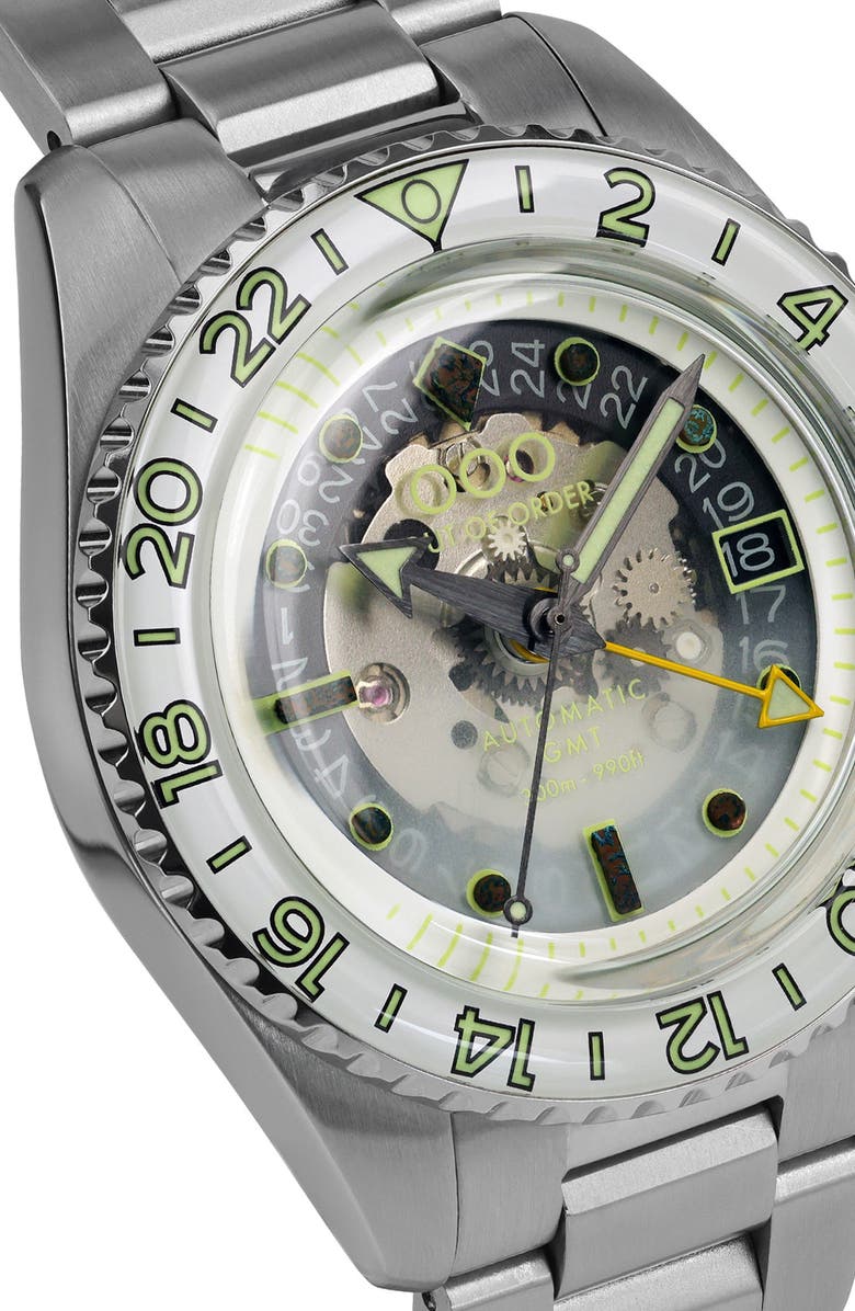 OUT OF ORDER Gin Tonic Automatic GMT Bracelet Watch, 40mm, Alternate, color, Steel
