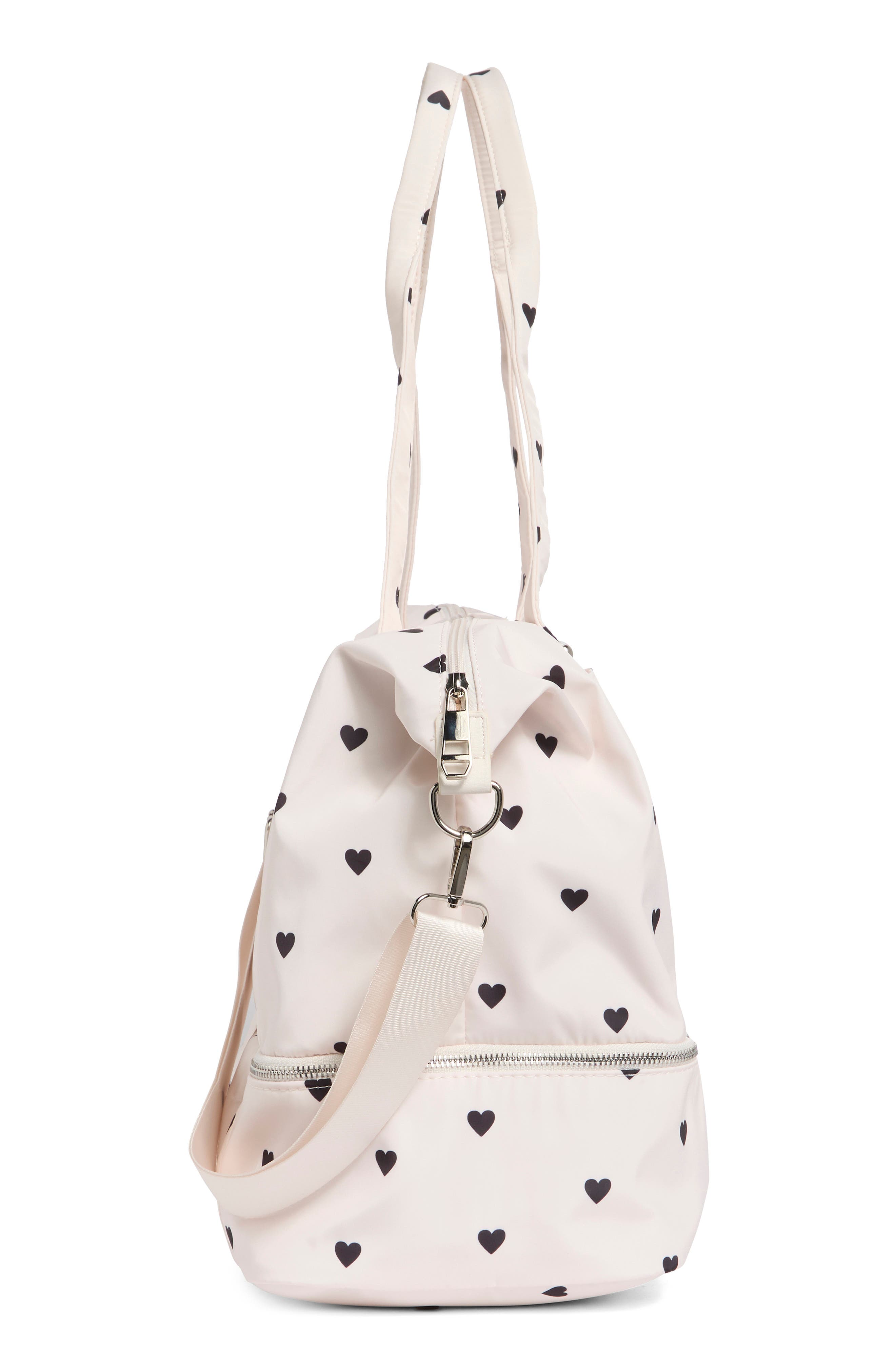 Madden Girl Nylon Weekender Bag, Alternate, color, Cream/ Black Hearts