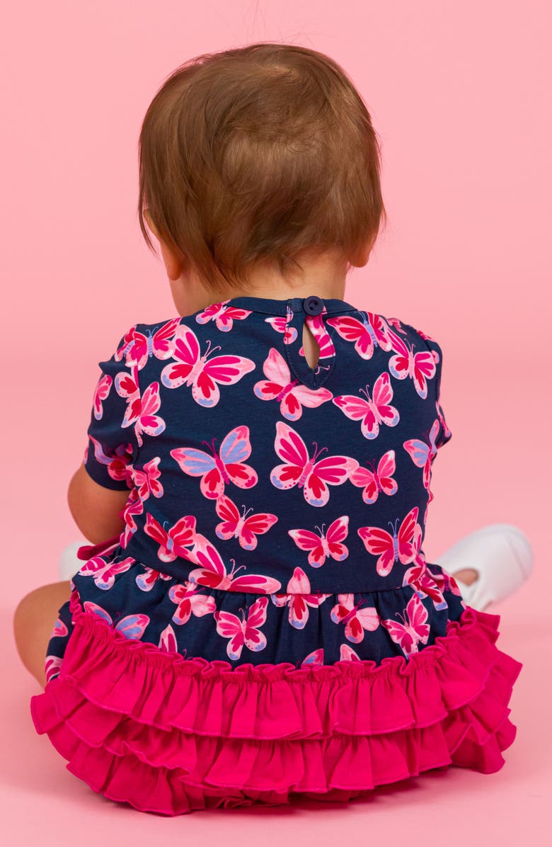 RuffleButts Butterfly Bliss Ruffle Cotton Bubble Romper, Alternate, color, Blue