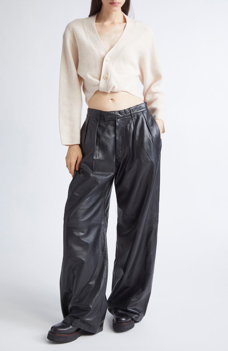 R13 Pleated Wide Leg Leather Pants, Alternate, color, Black