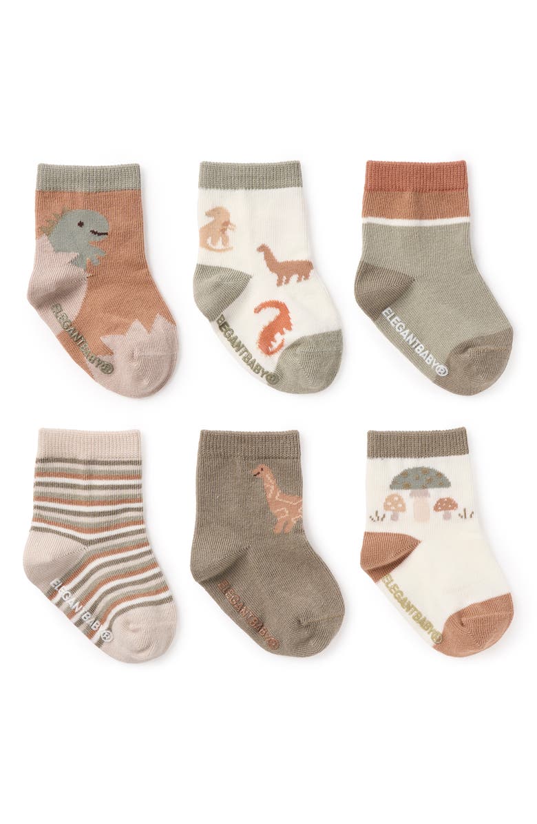 Elegant Baby Assorted 6-Pack Dino Socks Gift Box, Main, color, Brown Multi