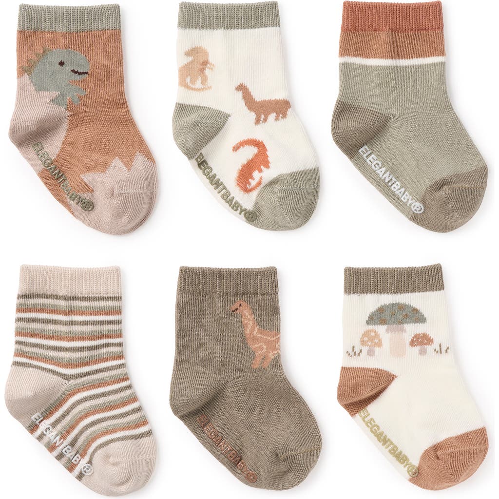 Elegant Baby Assorted 6-pack Dino Socks Gift Box In Brown Multi