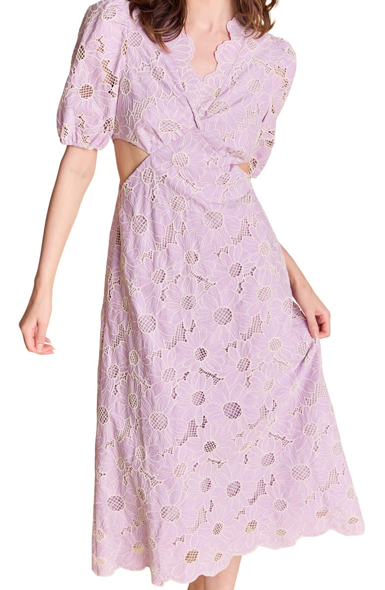 English Factory Cutout Detail Floral Cotton Eyelet Midi Dress, Alternate, color, Lilac