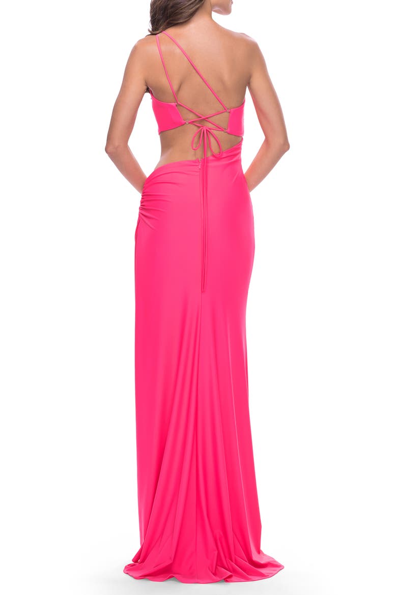 One Shoulder Dress with Side Cut Out and Unique Back in Bright Colors, Alternate, color, Neon Pink