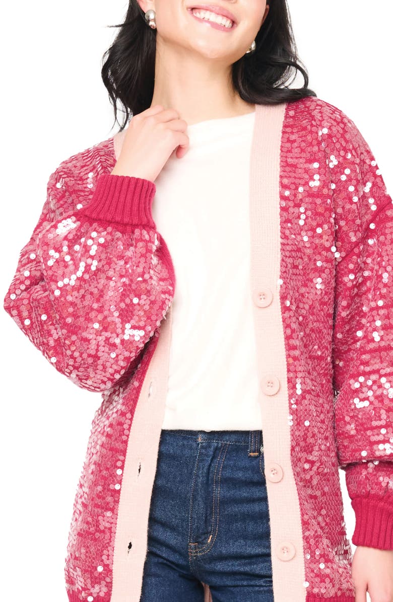 GIBSONLOOK Friday Colorblock Sequin Cardigan, Alternate, color, Cerise / Pink Smoke