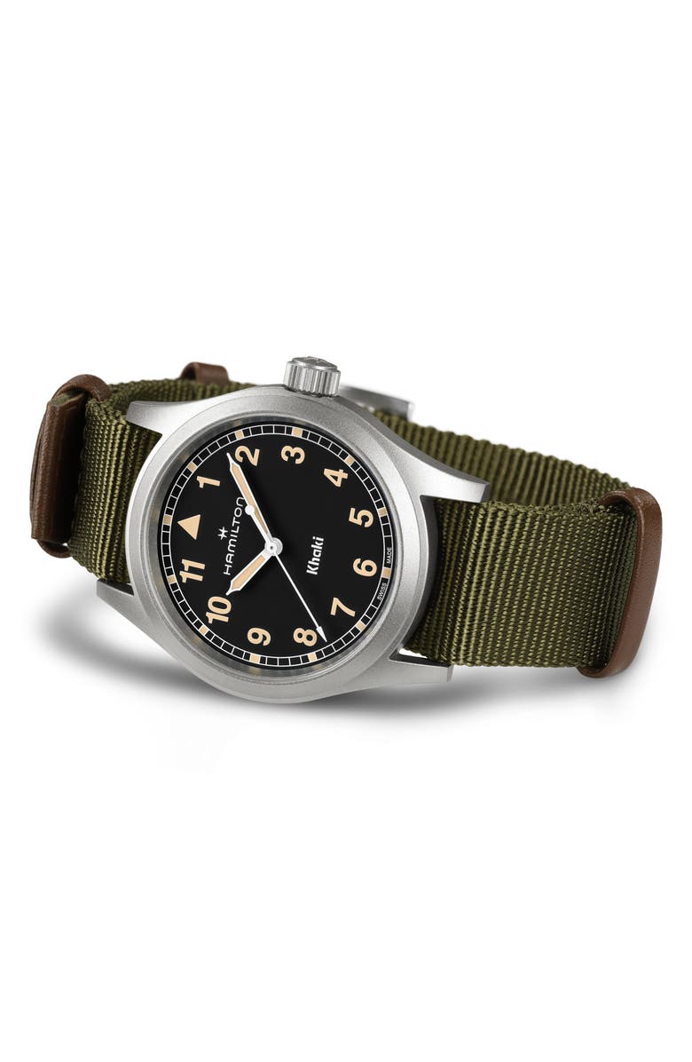 Hamilton Khaki Field NATO Strap Watch, 38mm, Alternate, color, Black