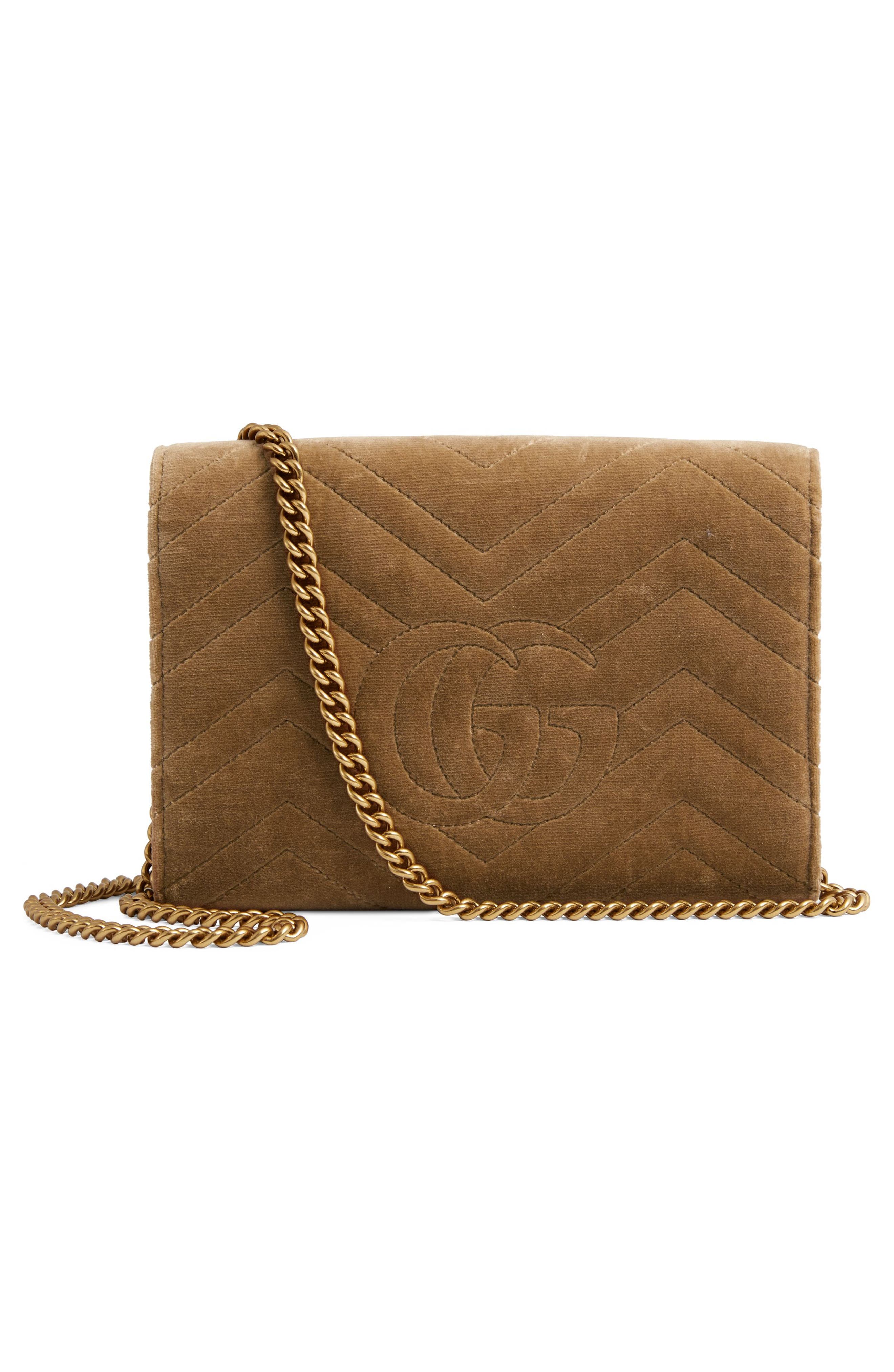 GG Marmont 2.0 Matelassé Velvet Wallet on a Chain, Alternate, color, TAUPE/ TAUPE