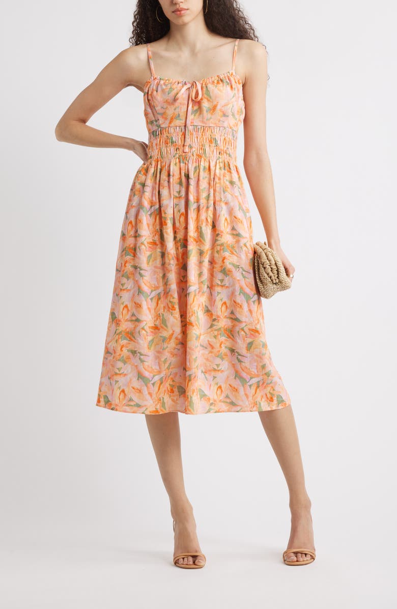 Chelsea28 Smocked Waist Sleeveless Midi Dress, Alternate, color, Orange- Abstract Soft Petals