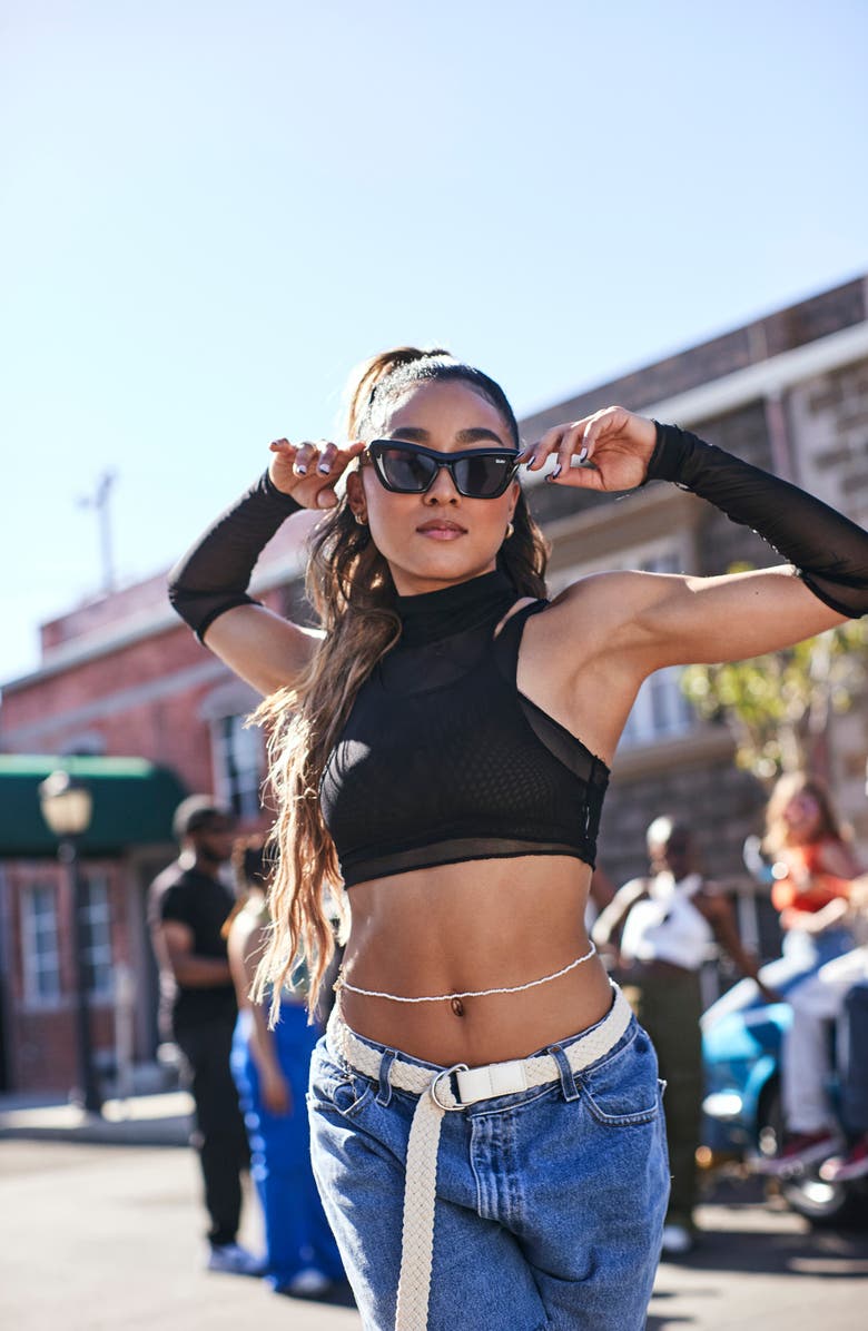 QUAY On the Radio 50mm Polarized Cat Eye Sunglasses, Alternate, color, Black / Smoke