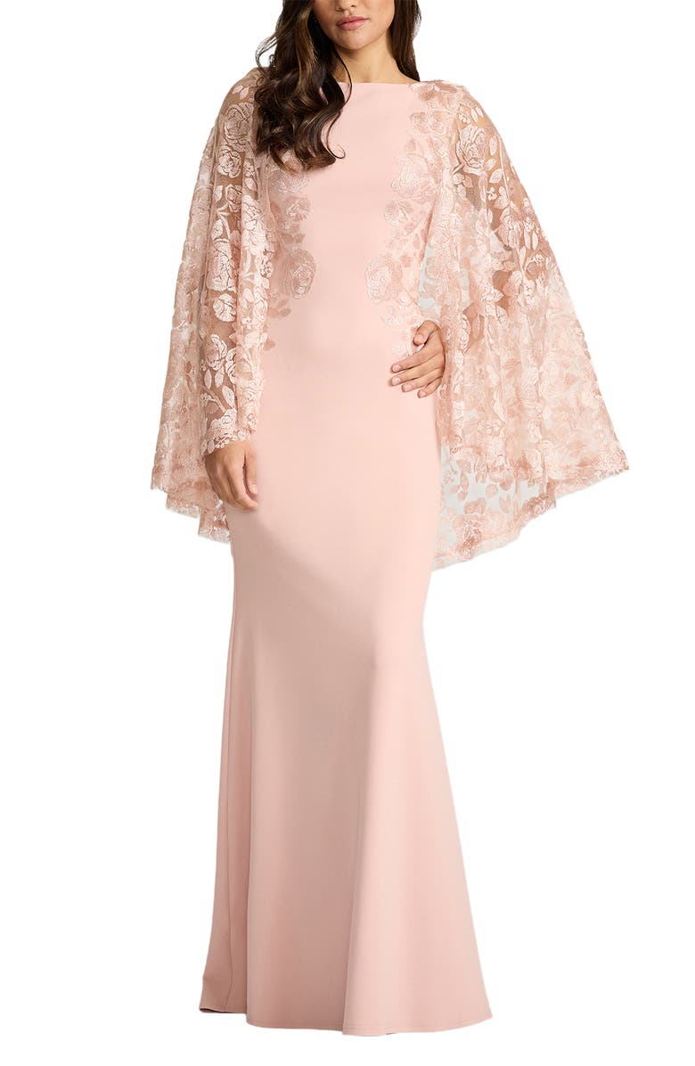 Tadashi Shoji Embroidered Capelet Long Sleeve Gown, Main, color, Pale Pink
