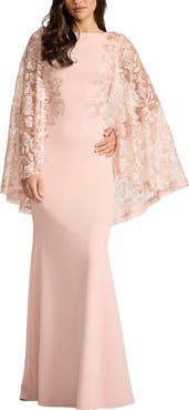 Tadashi Shoji Embroidered Capelet Long Sleeve Gown