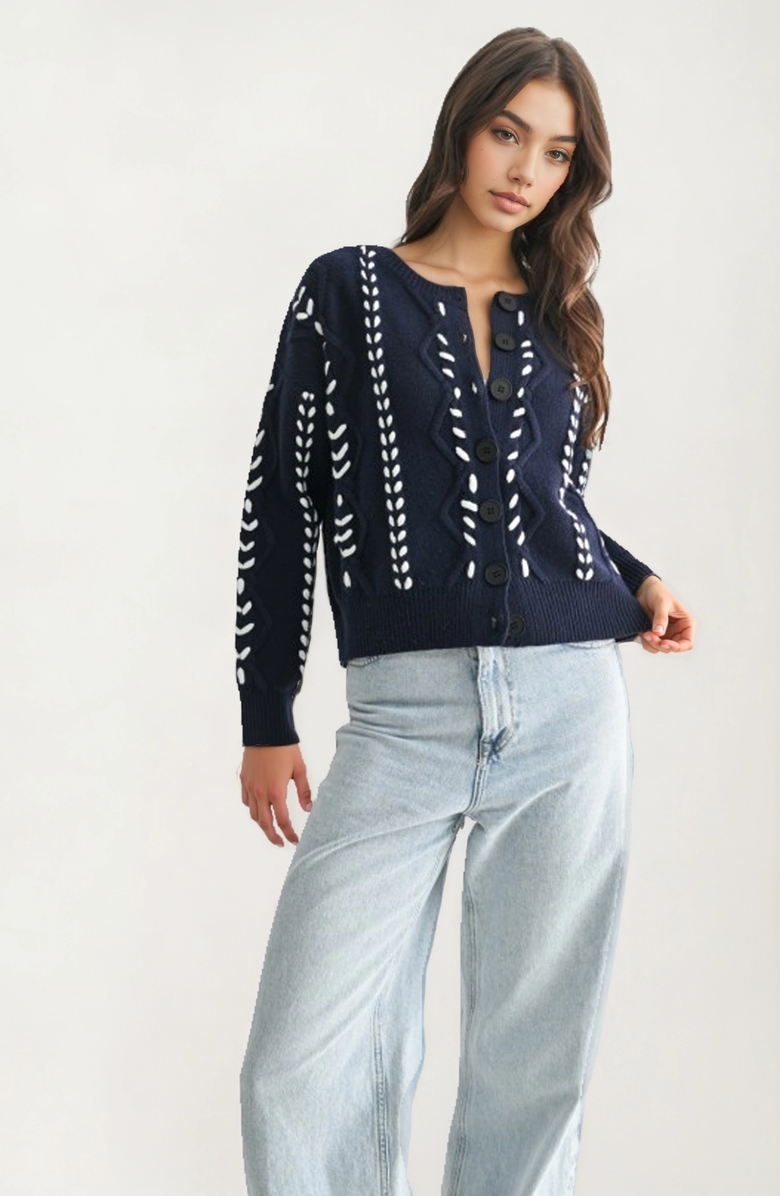 Knit and Lounge Button Front Stitch Detailing Cardigan, Alternate, color, Navy Blue / White