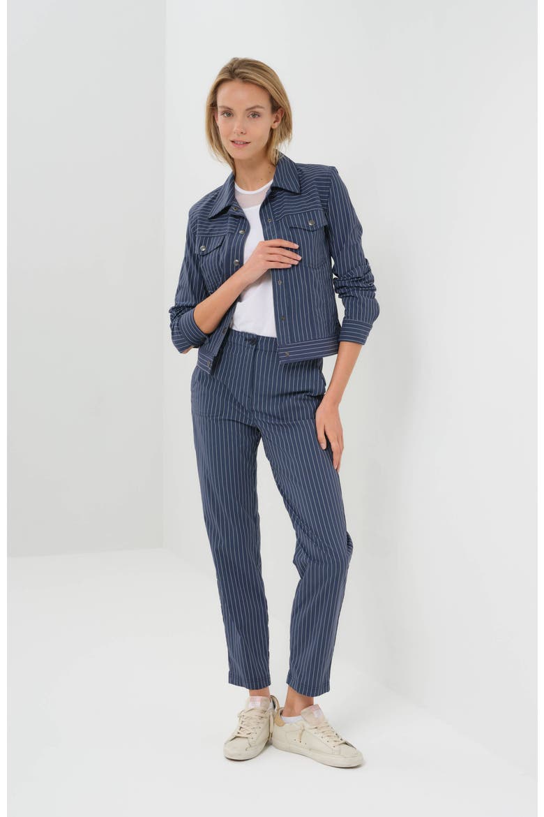 Delilah Striped Ultralight Trucker Jacket, Alternate, color, Pinstriped True Blue/White