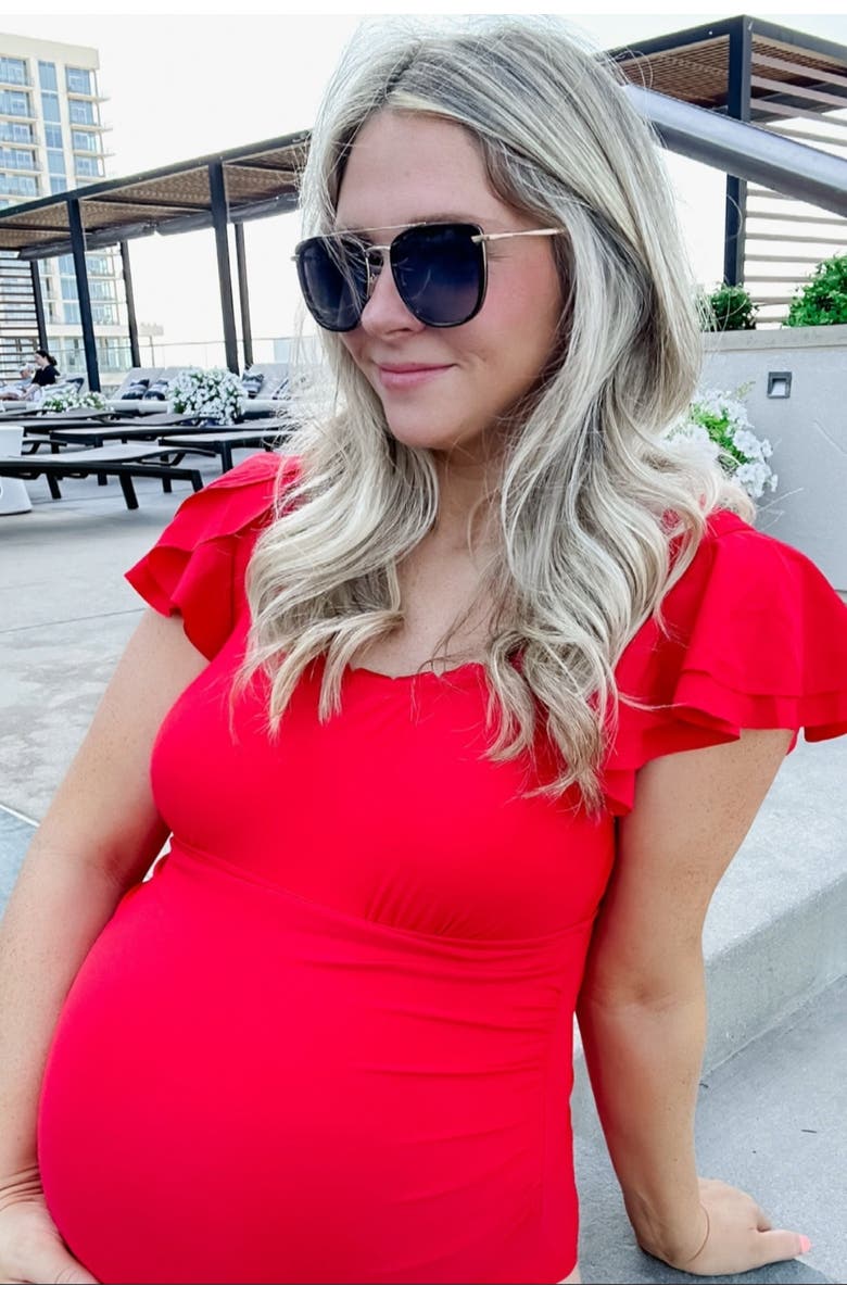 PinkBlush Scalloped Neck Ruffle Shoulder One-Piece Swimsuit, Alternate, color, Red