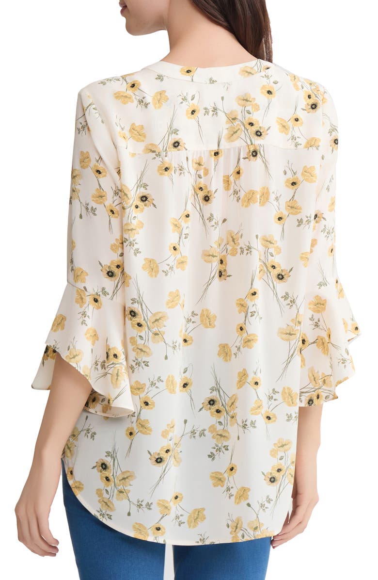 Jones New York Floral V-Neck Flutter Sleeve Top, Alternate, color, White Sand Multi
