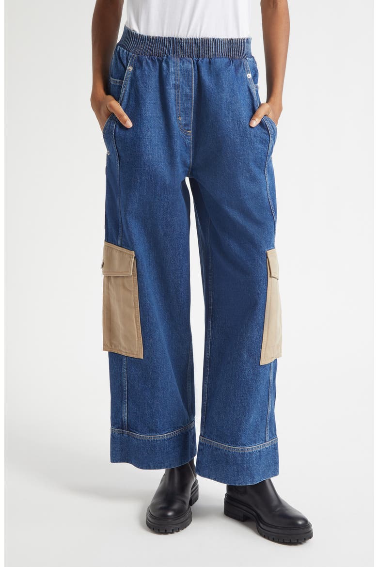 Patchwork Wide Leg Elastic Waist Cargo Jeans, Main, color, INDIGO MULTI
