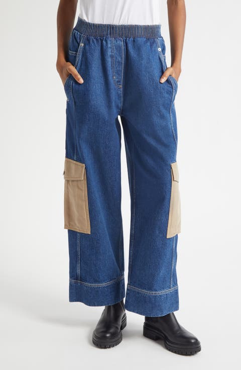 Patchwork Wide Leg Elastic Waist Cargo Jeans