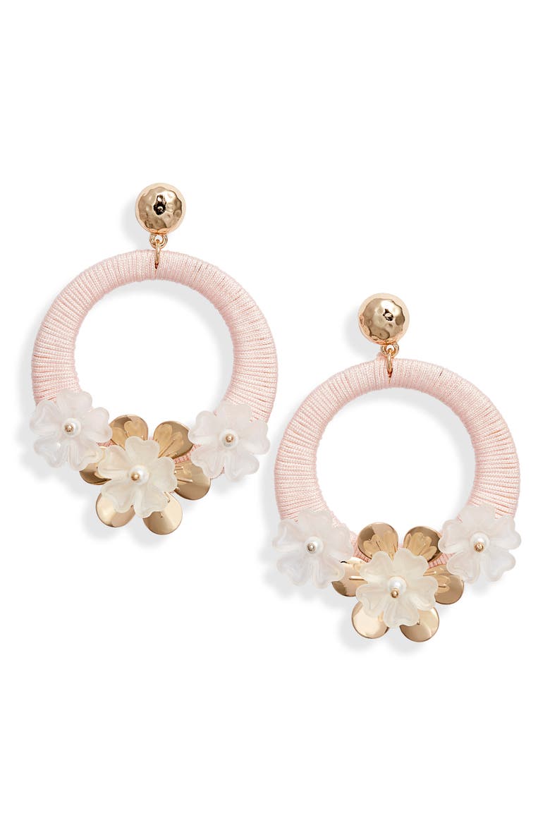 Flower Hoop Drop Earrings, Main, color, PINK PEARL- GOLD