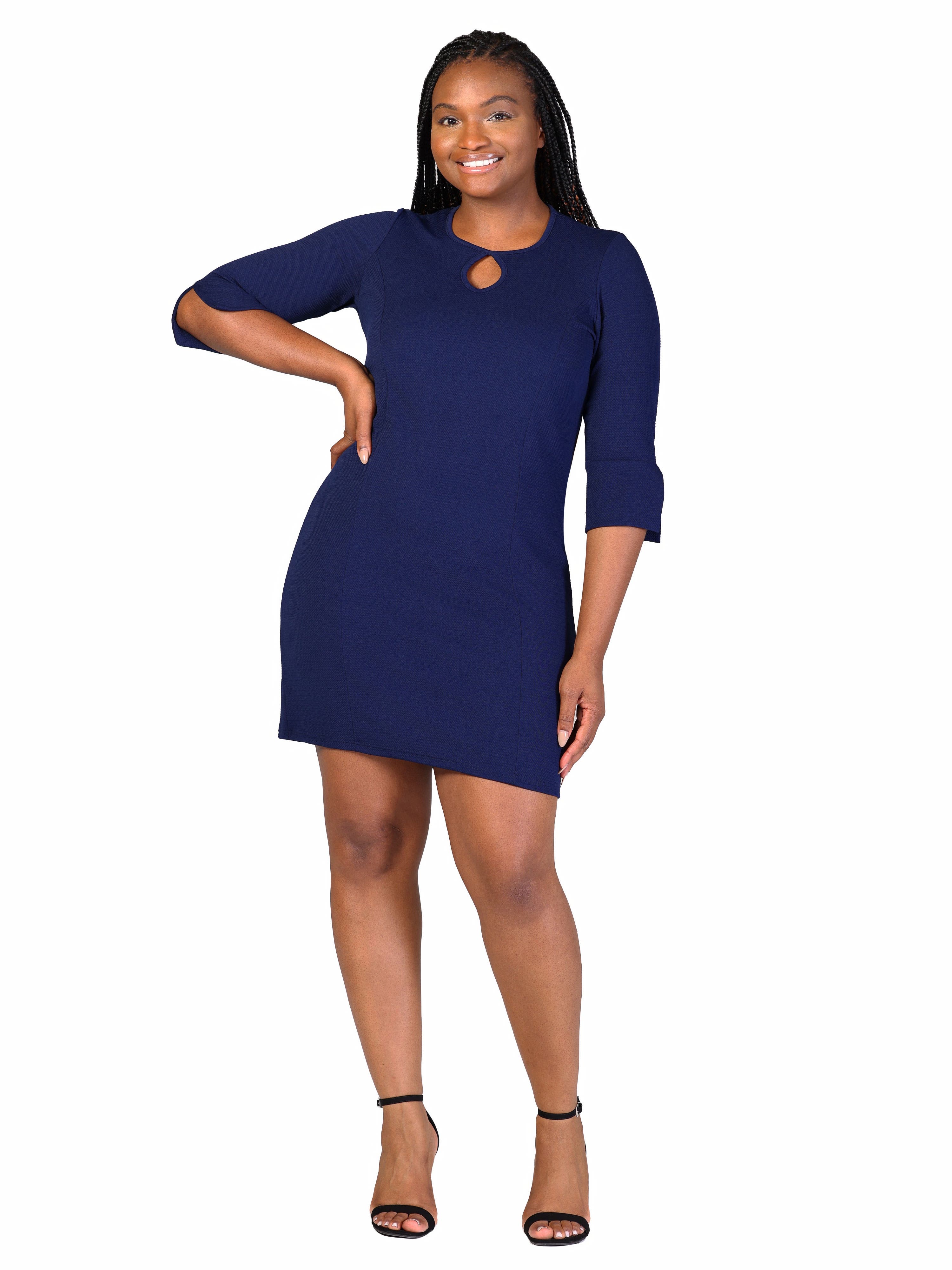 24seven Comfort Apparel Keyhole Three Quarter Sleeve Mini Dress In Blue
