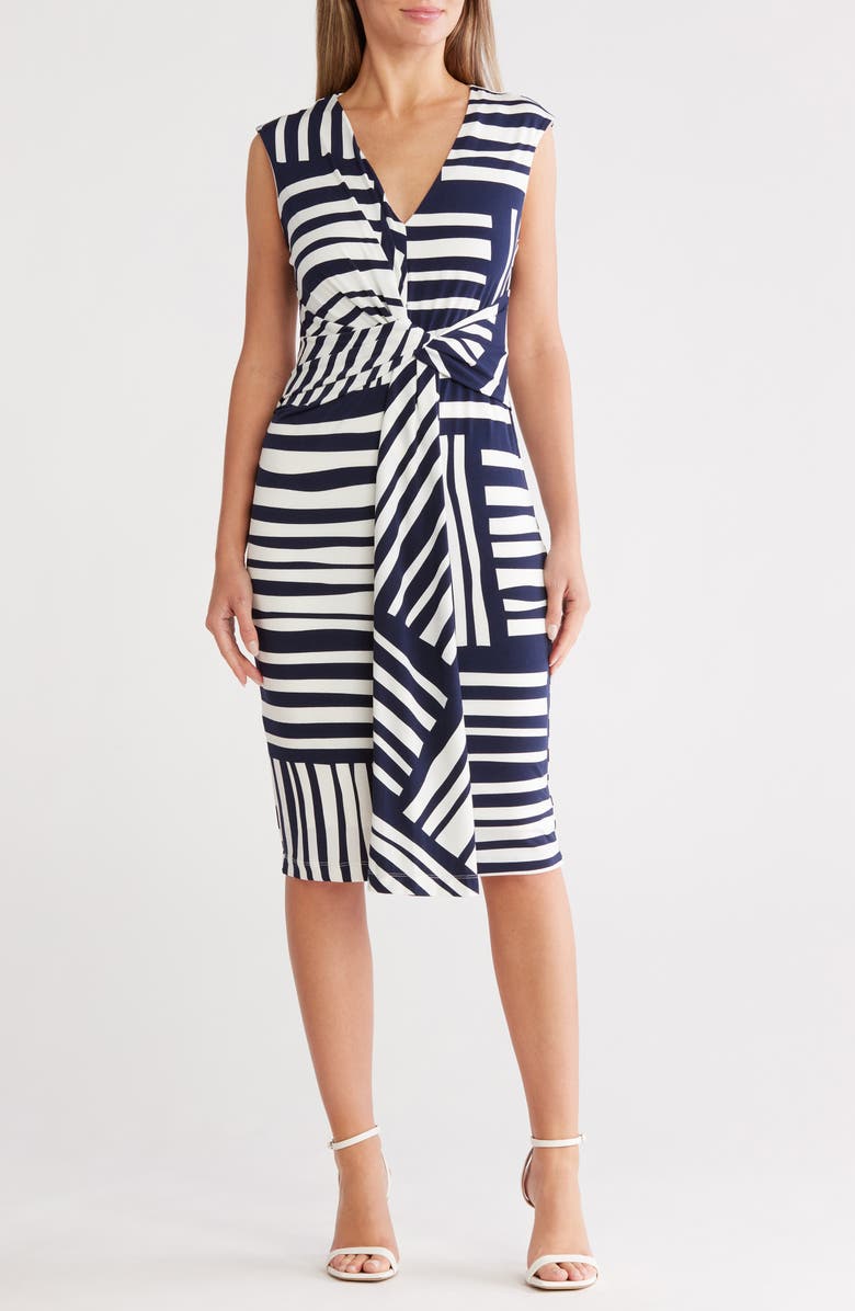 Calvin Klein Stripe Front Knot Sheath Dress, Main, color, Indigo/ Cream