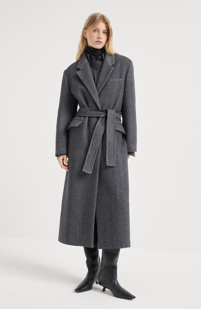 Brunello Cucinelli Hand-crafted virgin wool and cashmere double chevron cloth coat with monili, Alternate, color,