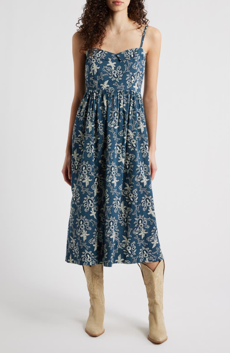 THE GREAT. The Verse Cotton Midi Dress, Main, color, Indigo Bandana
