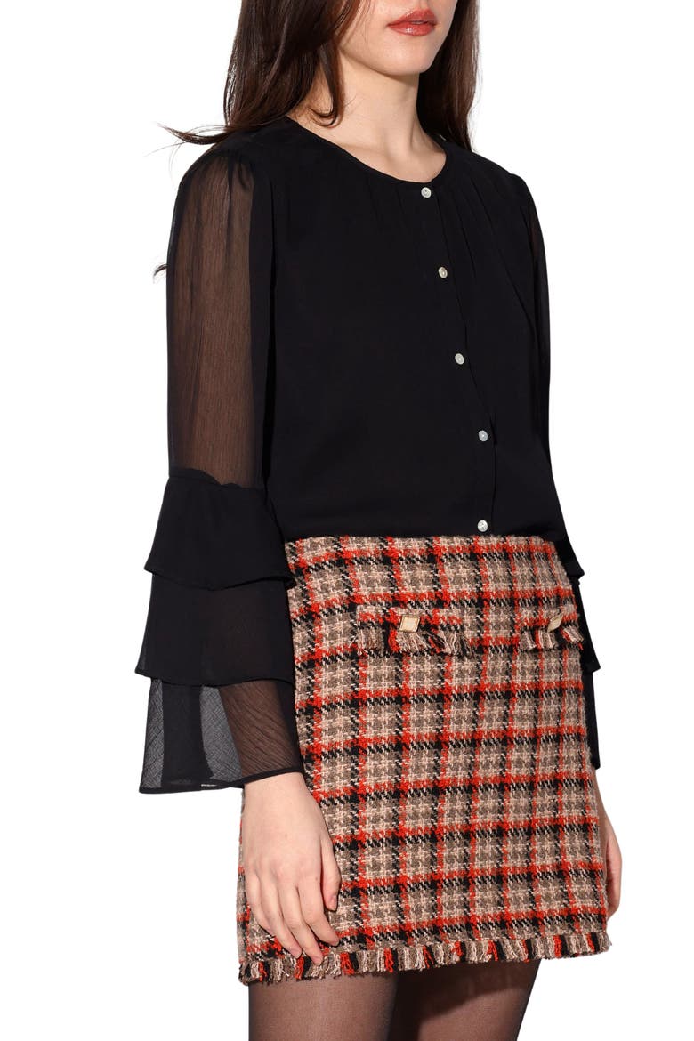 Dua Ruffle Long Sleeve Button-Up Top, Alternate, color, BLACK