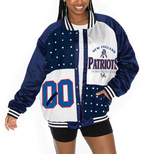 Gameday Couture Women's Navy/white New England Patriots Oversized Hot Shot Rhinestone Throwback Full-snap Varsity Bo In Blue