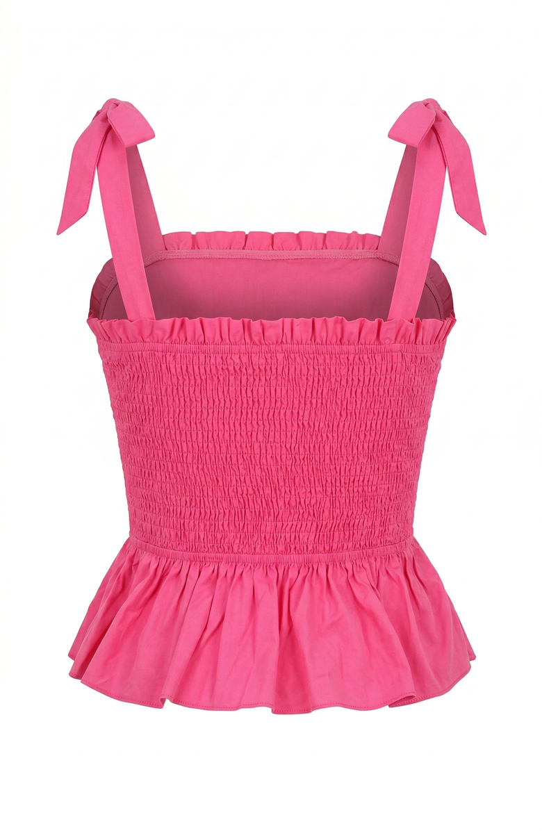 Modenaire Smocked Peplum Top with Bow Tie Straps and Ruffle Hem, Alternate, color, Pink