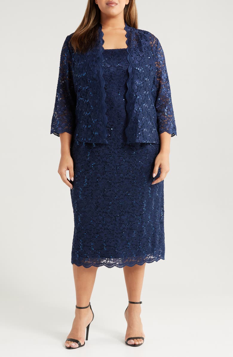 SL FASHIONS SLNY Floral Lace Sequin Cardigan & Dress Set, Main, color, Navy