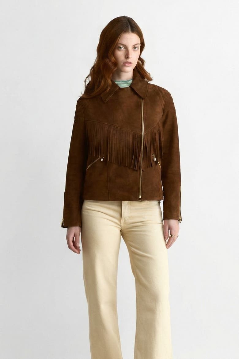 Lara Fringe Suede Jacket, Alternate, color, Chestnut