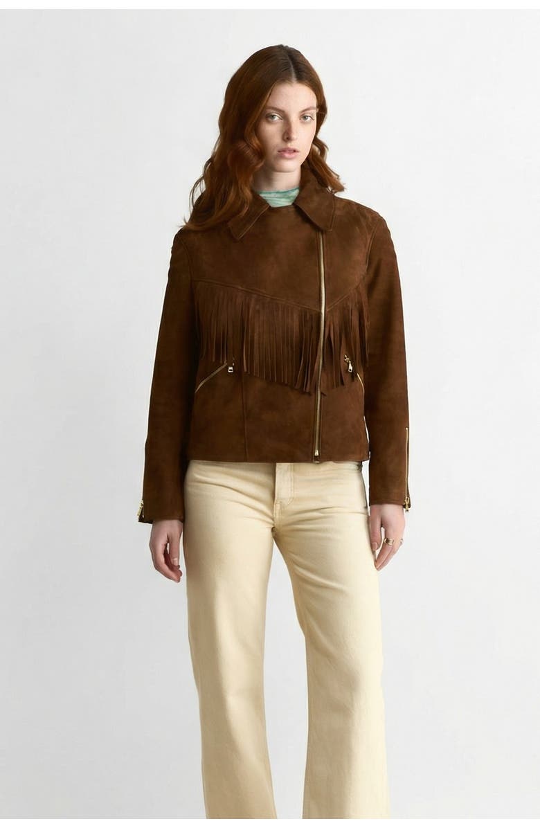 FURNIQ UK Lara Fringe Suede Jacket, Alternate, color, Chestnut