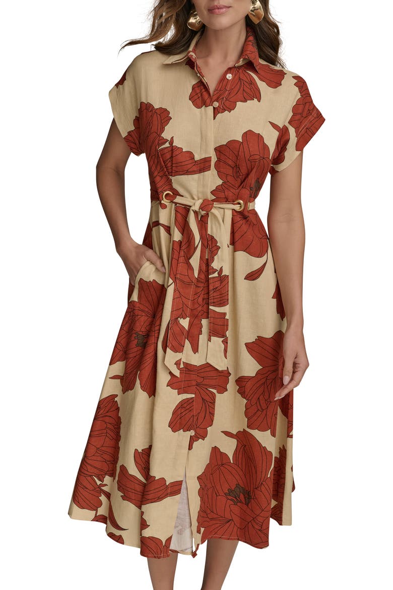 Drawstring Waist Linen Blend Shirtdress, Alternate, color, CINNAMON MULTI