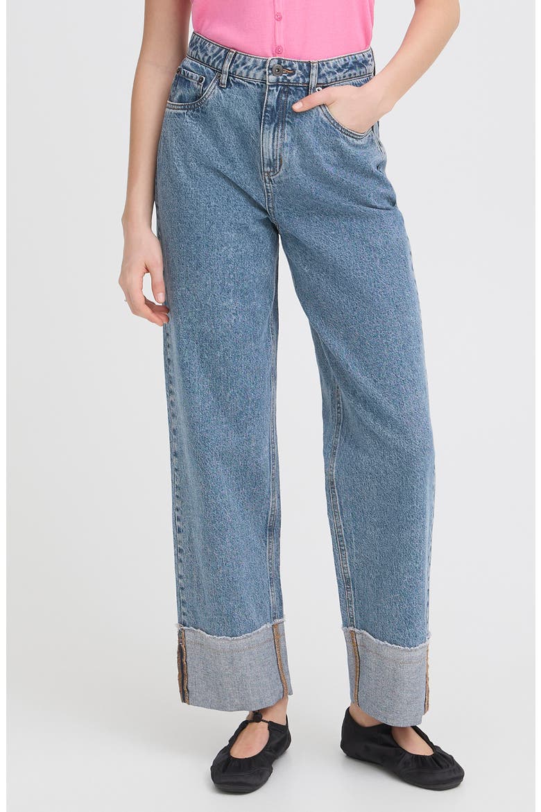 Foldover Cuff Wide Leg Jeans, Main, color, WASHED MED BLUE