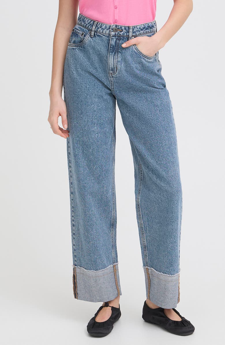 ICHI Foldover Cuff Wide Leg Jeans, Main, color, Washed Med Blue