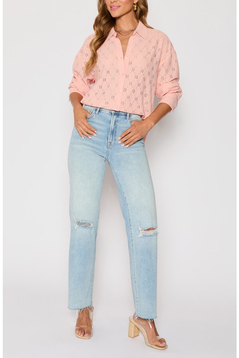 Amber Eyelet Crepe Button-Up Shirt (Nordstrom Exclusive), Alternate, color, PEACH