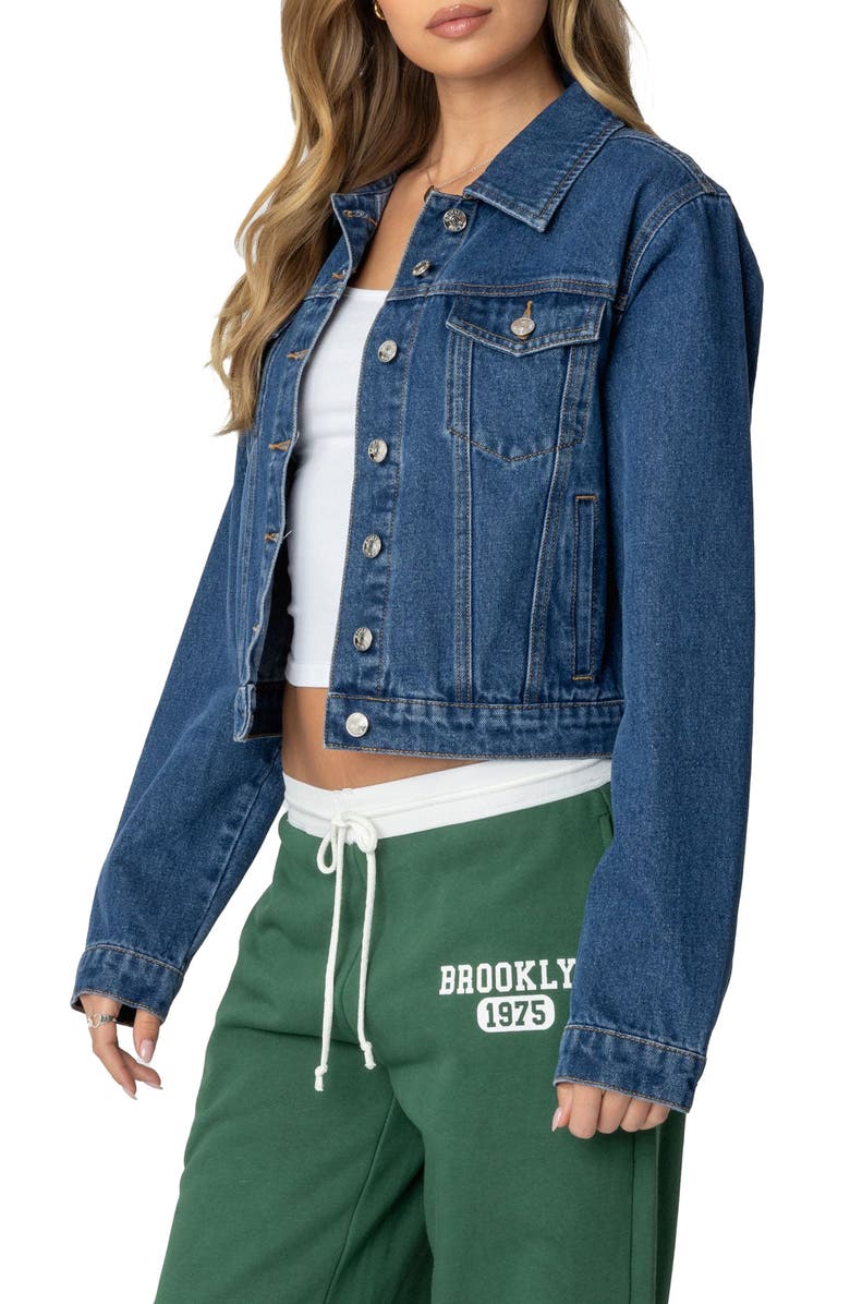 EDIKTED Barb Denim Crop Trucker Jacket, Alternate, color, Blue-Washed