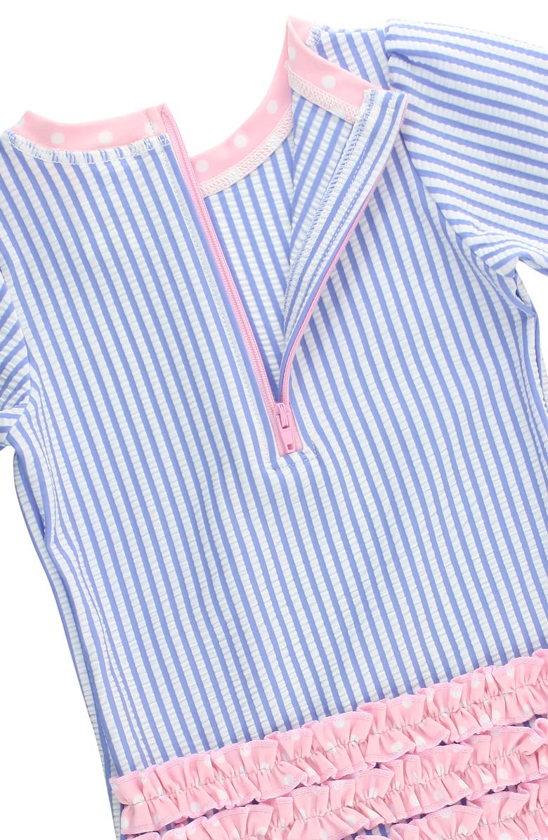 RuffleButts Seersucker One-Piece Rashguard Swimsuit, Alternate, color, Blue