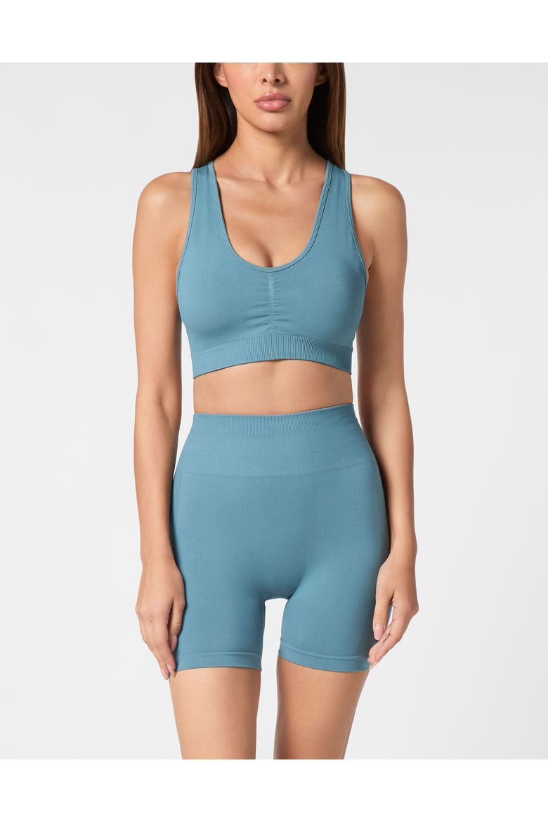 Seamless Wide Straps Sport Bra Logo Women, Main, color, petrol